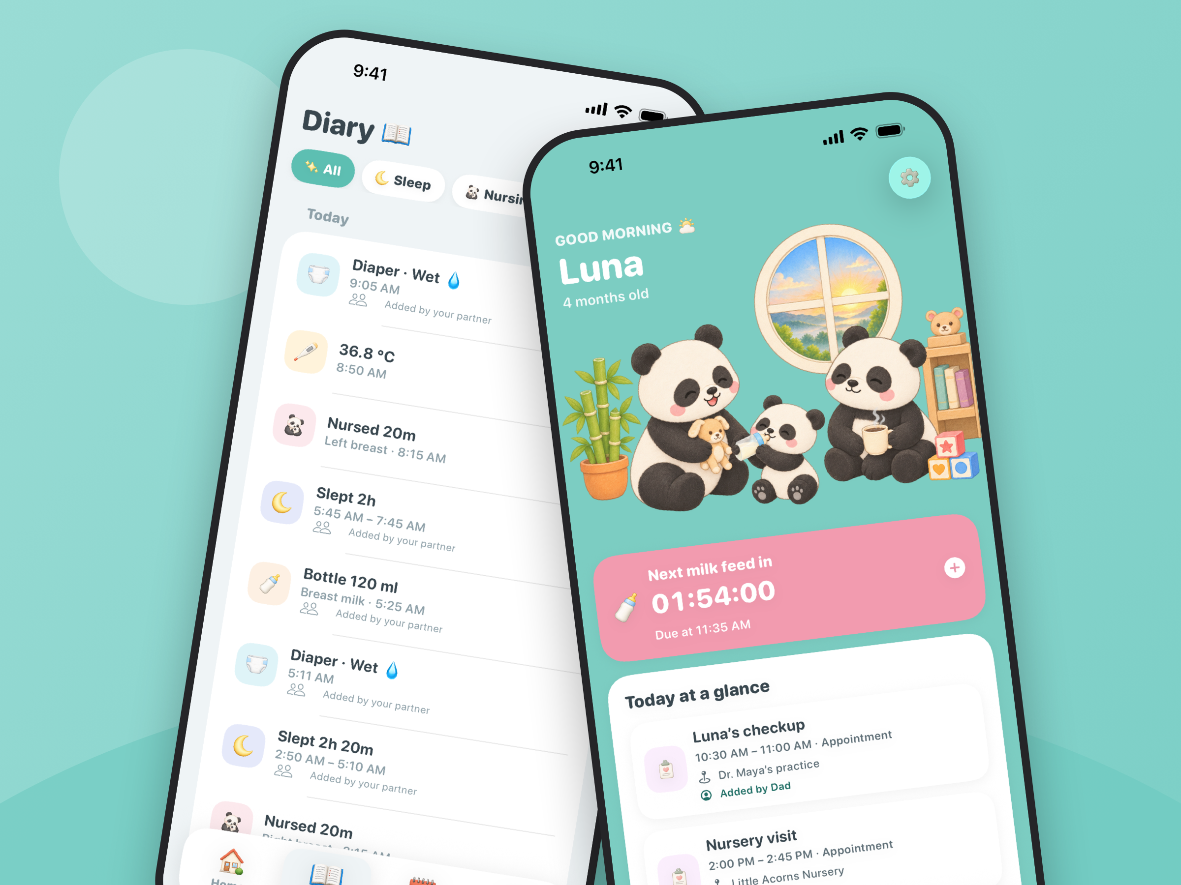 Two iPhones showing Bamboo's history of logged sleep, feeds and diapers behind the home screen with a panda family illustration and the next feed timer